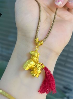 新中式金店同款越南沙金锤纹小马项链马上有钱花吊坠毛衣链国潮风