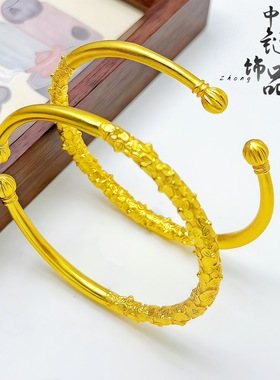 金店款古法越南沙金锦园春开口手镯新中式国风桃花朵朵开南瓜手镯
