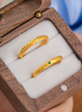 古法沙金不掉色越南沙金锤纹绿锆石戒指复古时尚气质沙金戒指女