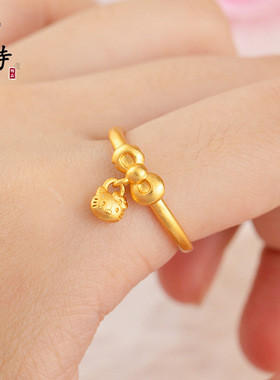 不掉色古法沙金精致kitty猫小吊坠戒指甜美可爱开口可调节戒指