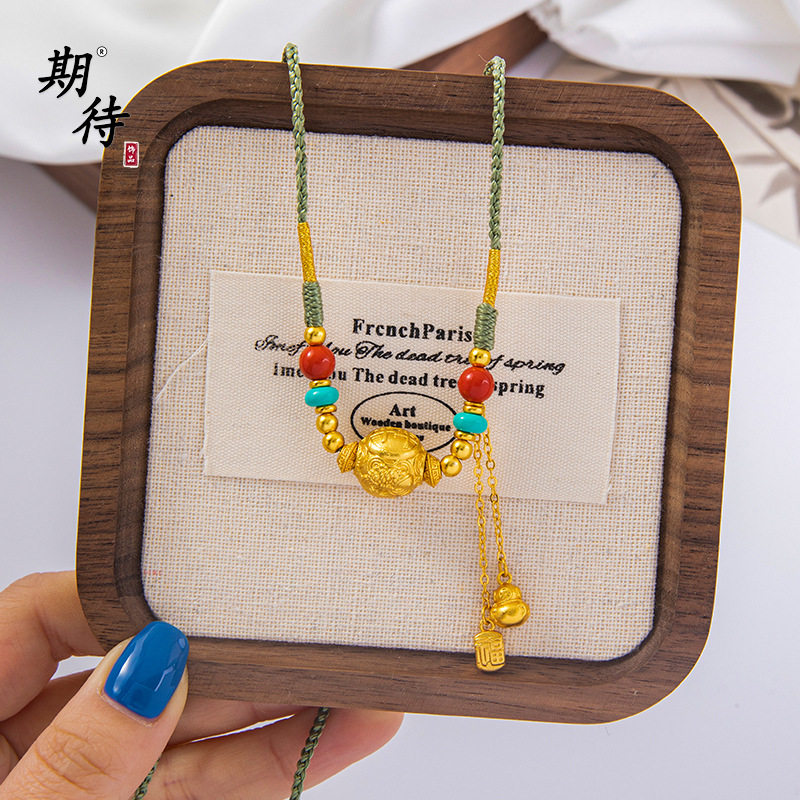 越南沙金新中式复古感福字沙金年年有余流苏吉祥福禄项链挂吊坠女