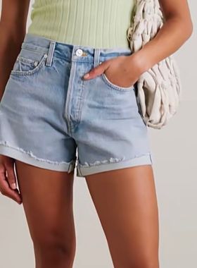 2024春夏款COH！高腰浅蓝色卷边小a字破洞牛仔短裤女无弹性