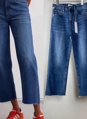 瘦腿神裤！coh棉弹力牛仔高腰直筒牛仔裤毛边9分蓝色百搭显瘦