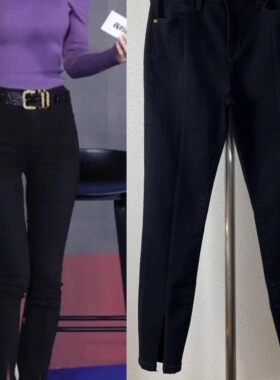 FRAME经典黑色高腰高弹修身9分牛仔裤裤脚开叉小脚裤