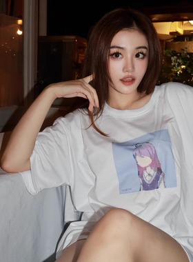 Normal崩溃少女 #078 -紫鸢纯棉白色落肩直喷春夏男女T恤