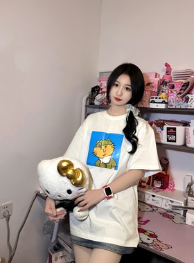 中华小橘猫#00232白色纯棉落肩春夏男女T恤