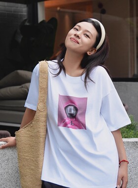 超猴＃24-鱿鱼□纯棉白色落肩直喷T恤