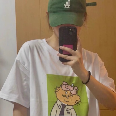 【T】中华小橘猫#04990纯棉白色落肩直喷T恤