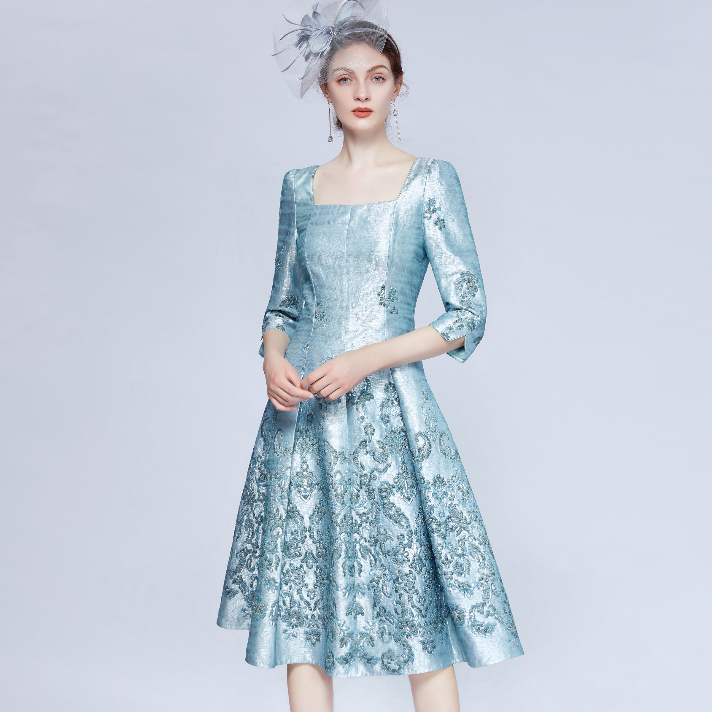 原创意大利进口ruffo宫廷级真丝提花名媛连衣裙