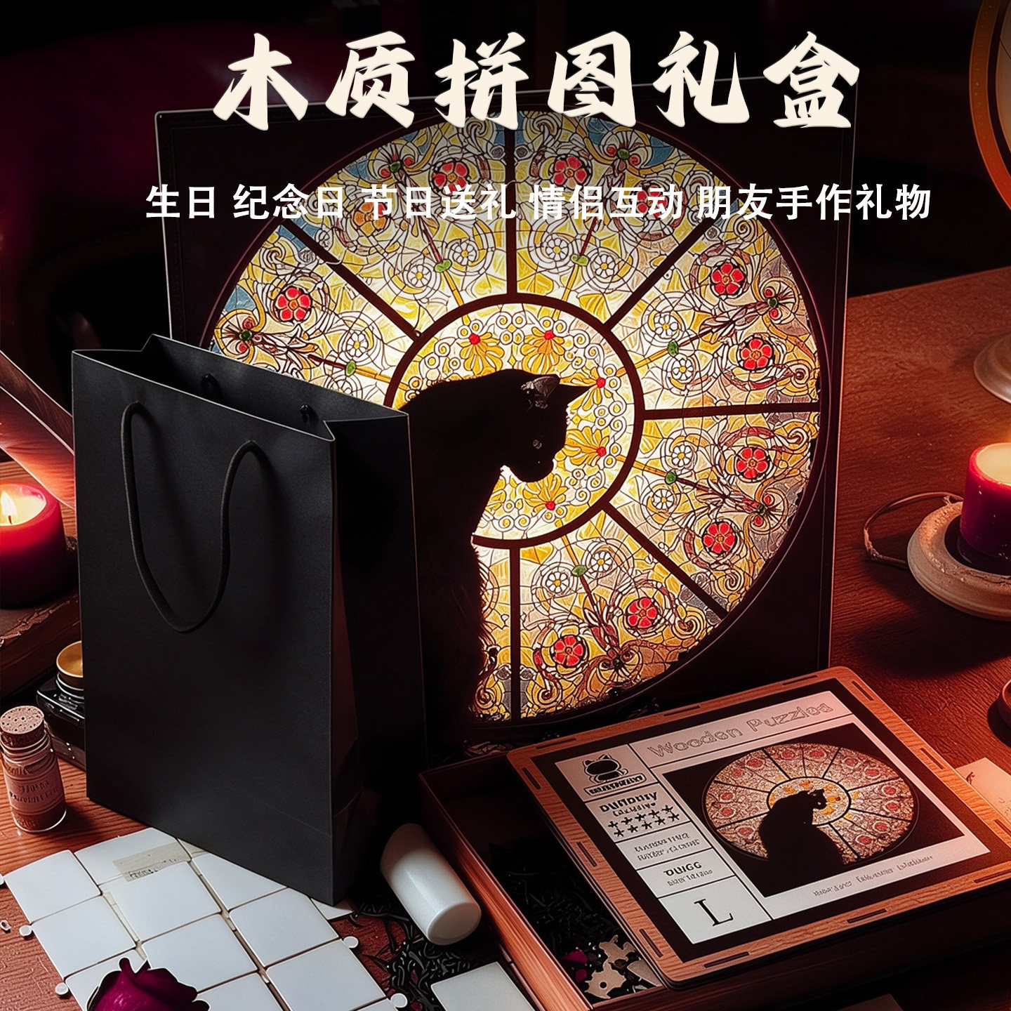 【出口品质】猫异形木质拼图礼盒高端礼玩具积木解压正版高级拼图