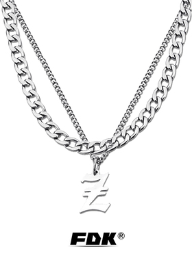 FDK字母定制吊坠项链男生嘻哈潮流古巴链双层叠戴情侣款送男友