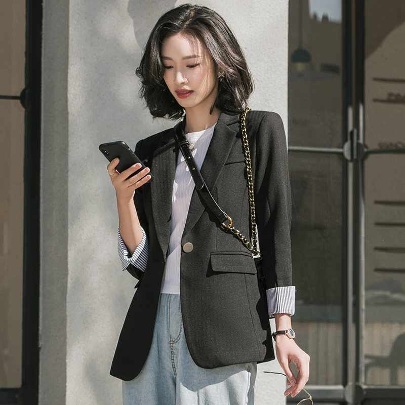 欧阿玛施旗舰店官网2020秋季新款休闲宽松英伦风一粒扣西装外套女