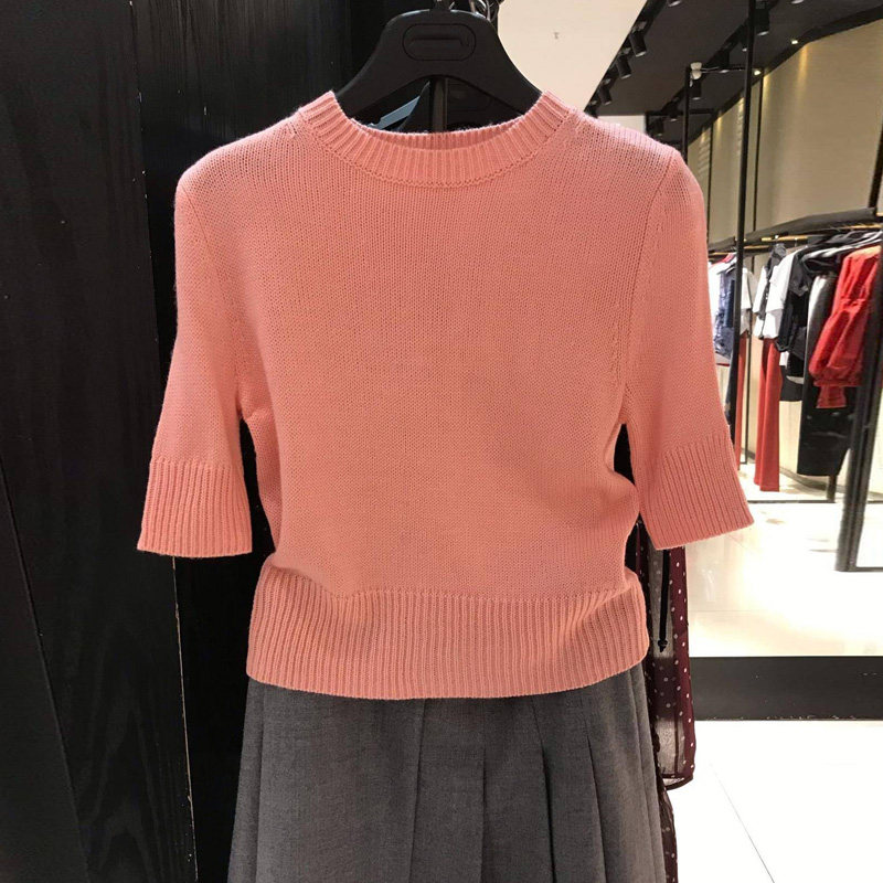 欧阿玛施旗舰店2020春秋新款修身显瘦五分袖T恤羊绒针织打底衫女