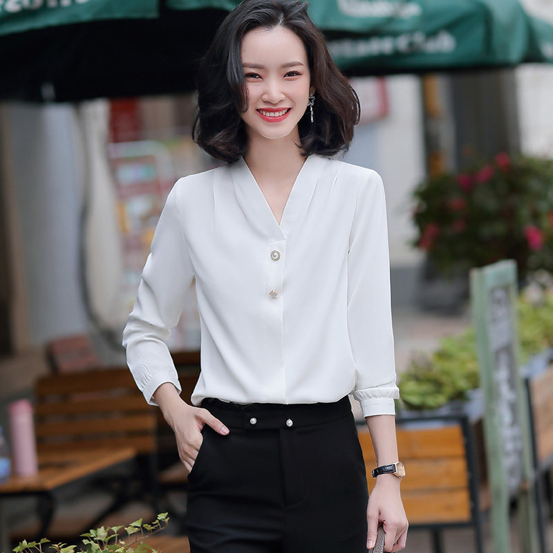 欧阿玛施旗舰店官网2020秋季新款休闲宽松V领港风雪纺长袖衬衫女