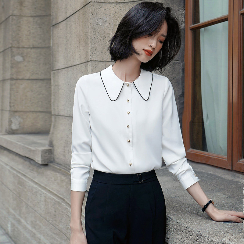 欧阿玛施旗舰店官网2020秋新款休闲显瘦娃娃领纯色职业长袖衬衫女