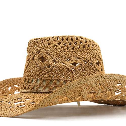 Western Cowboy Sun Straw Hat 女士西部牛仔镂空礼帽夏沙滩草帽