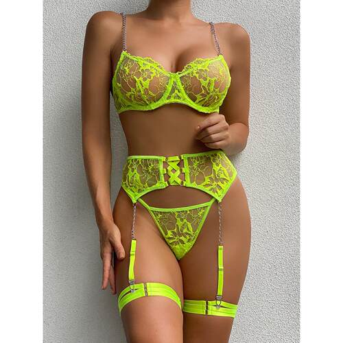 Sexy mesh embroidered hollow underwear four piece set