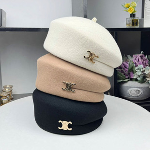 凯旋门画家帽黑色羊毛贝雷帽女士帽子显脸小立体金标定型秋冬毡帽
