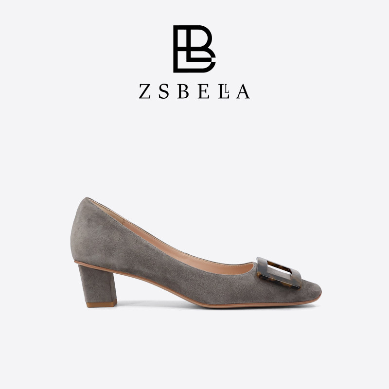 ZSBELLAZSBELA方头方扣高跟鞋女浅口法式粗跟时尚显瘦女鞋