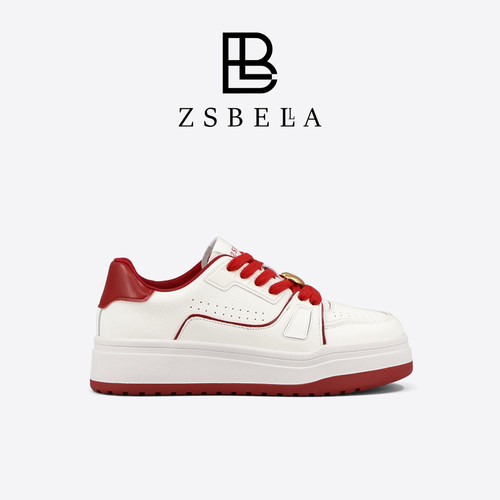 ZSBELLA牛皮板鞋女26新4cm厚底增高小白鞋透气休闲运动松糕鞋