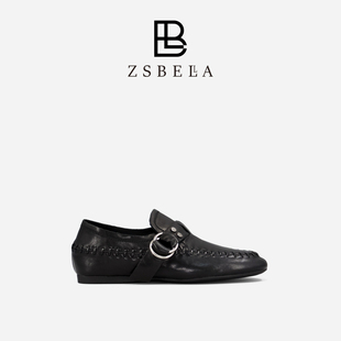 ZSBELLA亮光牛皮/磨砂羊毛一脚蹬乐福鞋2CM休闲平底圆头浅口女鞋