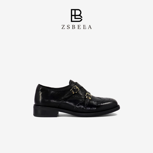ZSBELLA复古擦色马皮布洛克孟克鞋 双金扣粗跟英伦风通勤深口单鞋