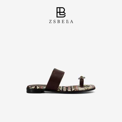 ZSBELLA民族风夹趾凉拖女2.5cm摔纹胎牛皮波西米亚度假外穿平底