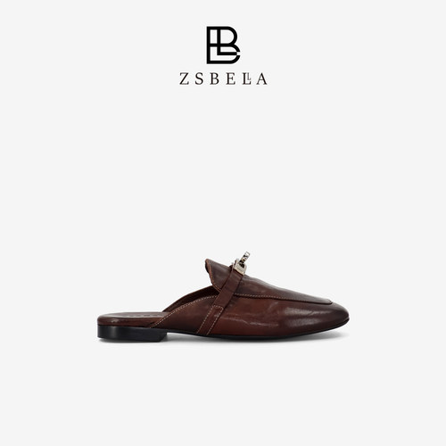 ZSBELLA复古棕色水洗马皮穆勒拖女夏新款真皮低跟2cm懒人半拖外穿