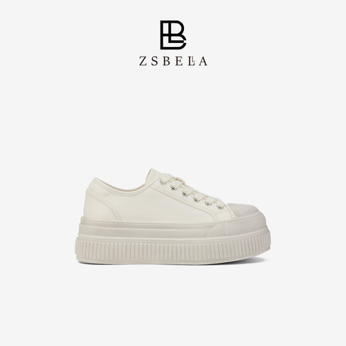 ZSBELLA米白厚底曲奇饼干鞋 小个子增高软面系带休闲松糕底板鞋