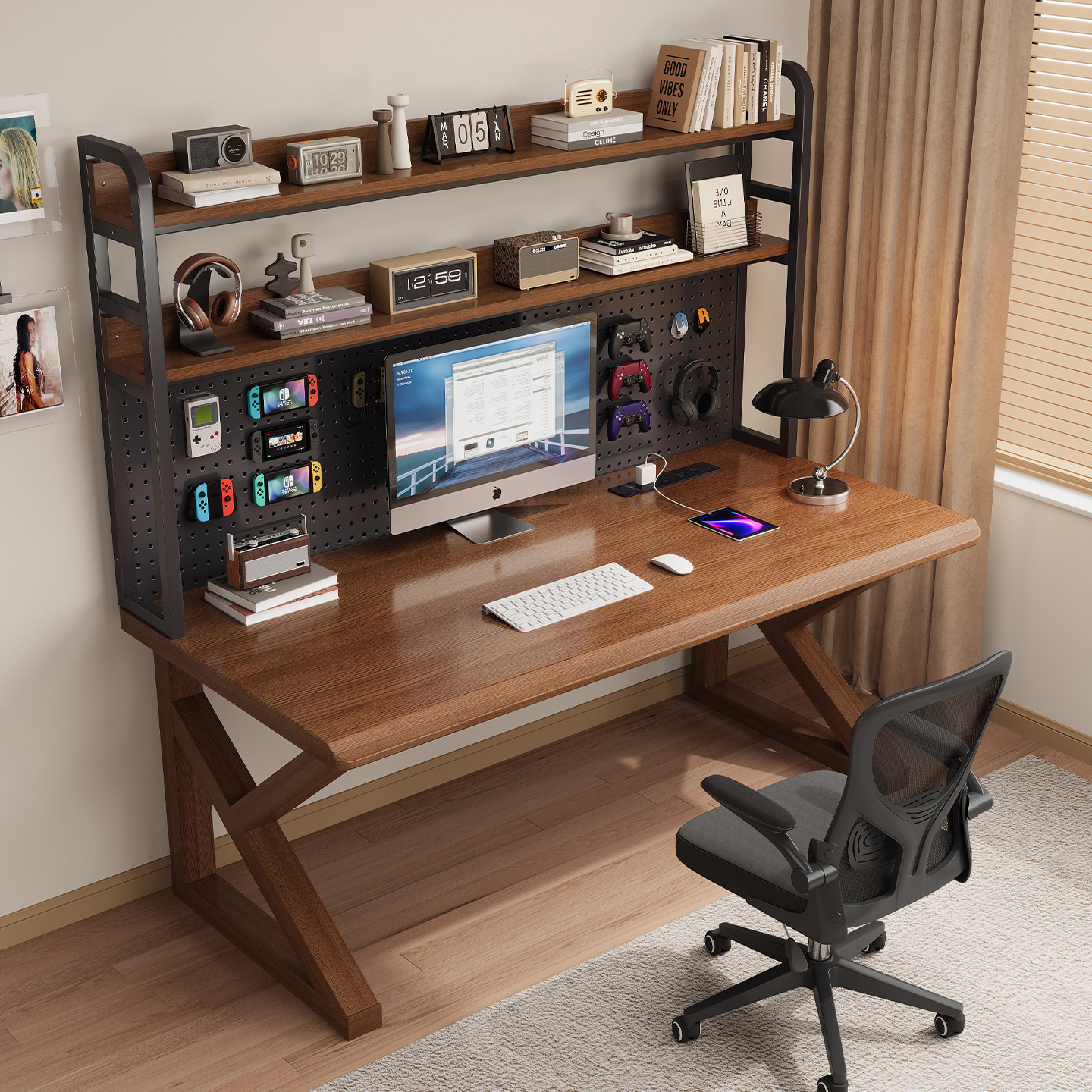 纯实木电脑桌台式家用学习电竞办公桌双人洞洞板书桌书架一体桌子