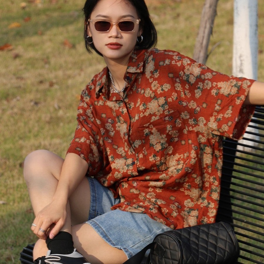 90年代港风女装花衬衫红色复古短袖港味气质polo领夏时尚宽松上衣