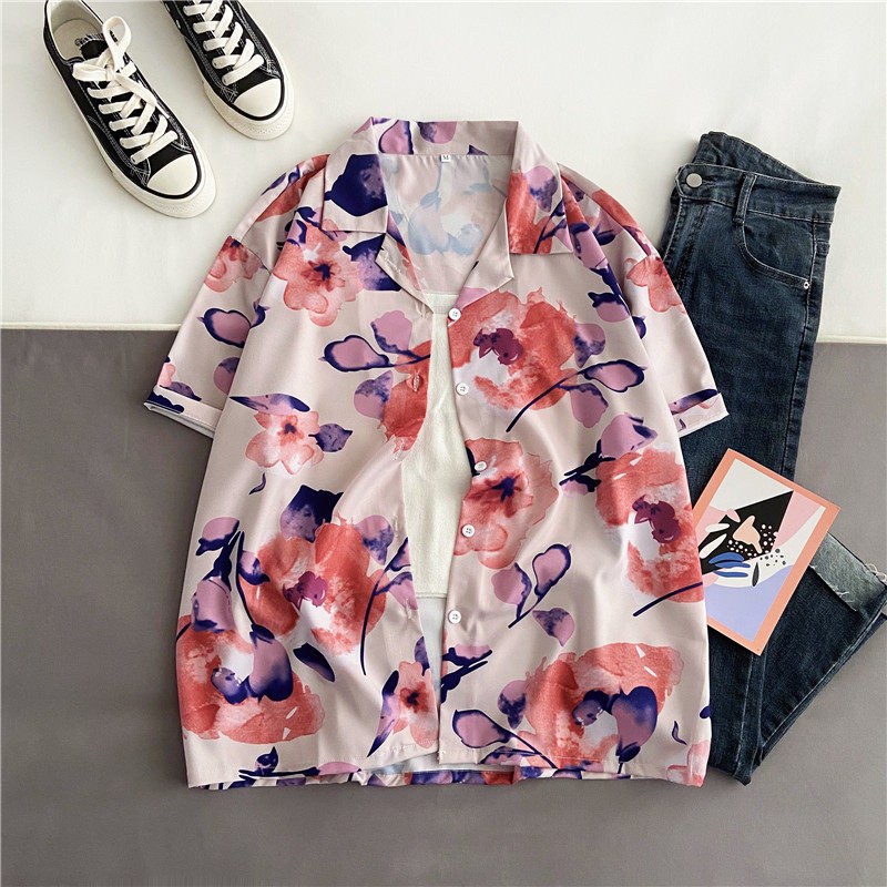 学生韩版复古花纹短袖衬衫女ins百搭宽松夏季新款衬衣上衣外套潮