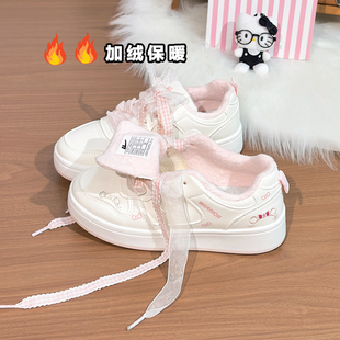 回力双鞋带加绒小白鞋女2025冬季新款厚度二棉鞋初中生保暖板鞋子