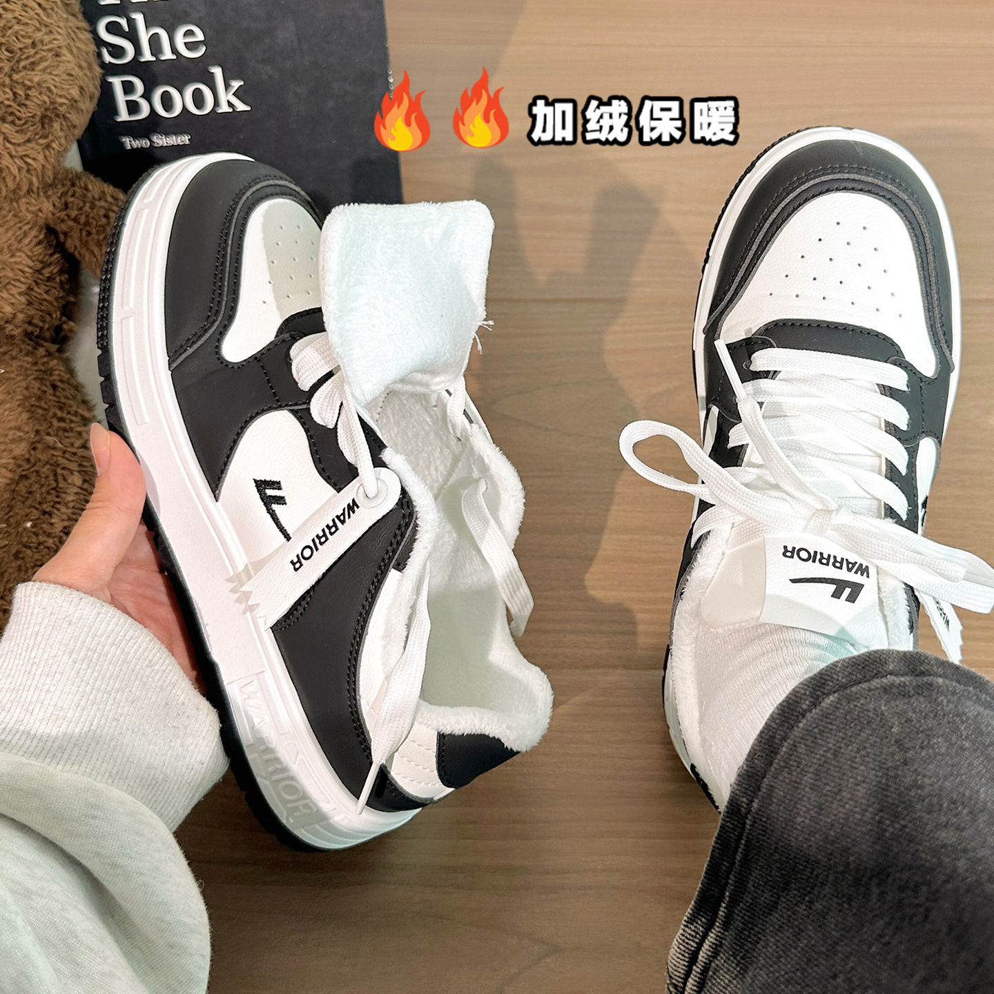 回力冬季熊猫加绒女鞋