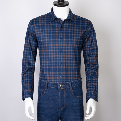 男士加绒加厚保暖藏蓝色格子衬衫