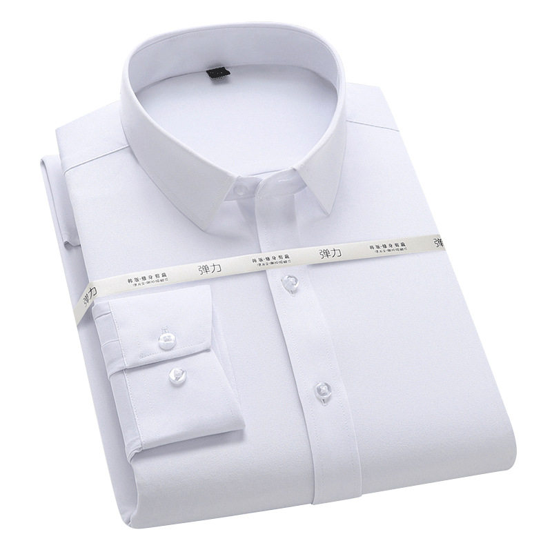 男士免烫弹力抗皱工装修身长袖白衬衫 男装职业商务正装白色衬衣