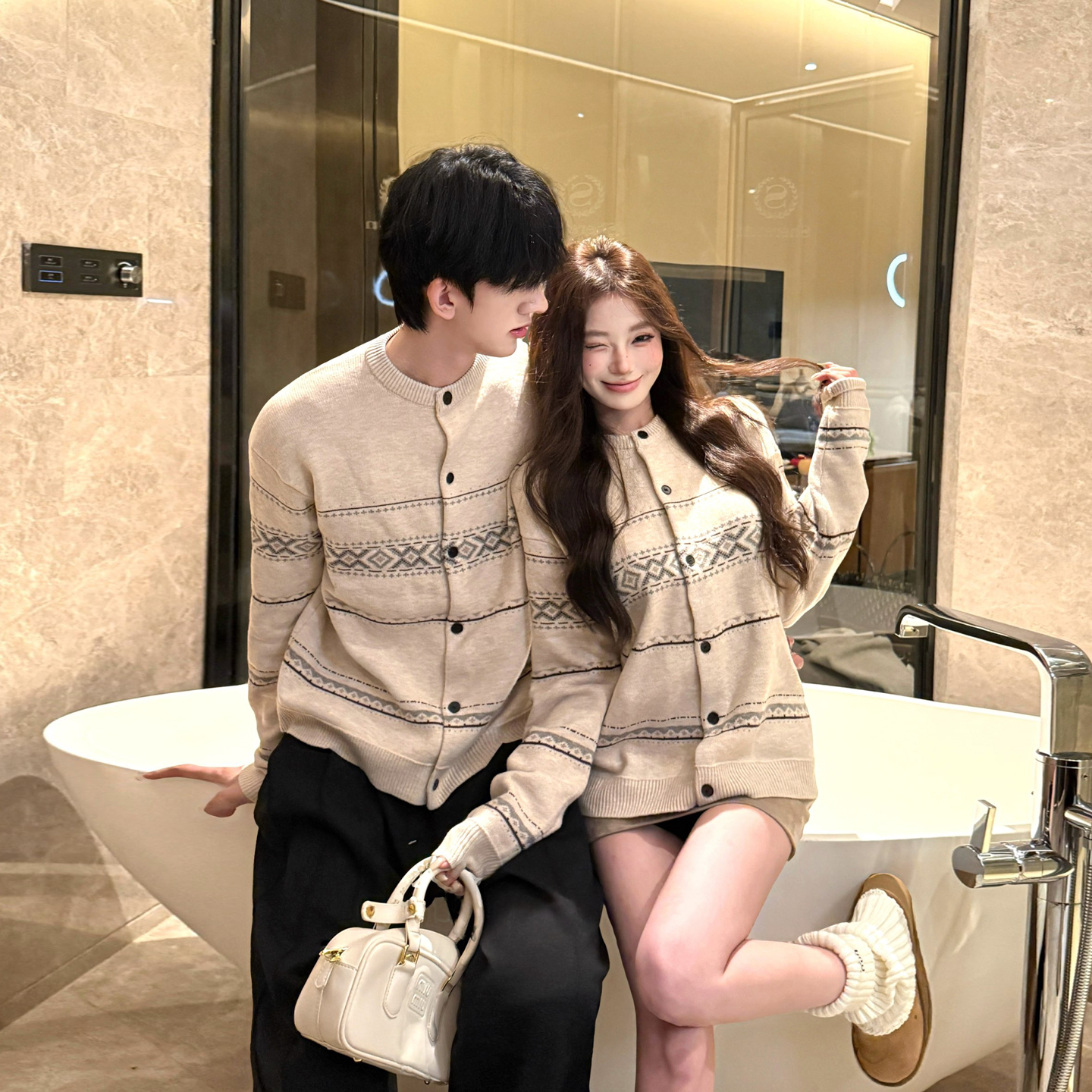 情侣装费尔岛提花高智氛围感针织开衫男女学院复古百搭毛衣外套韩