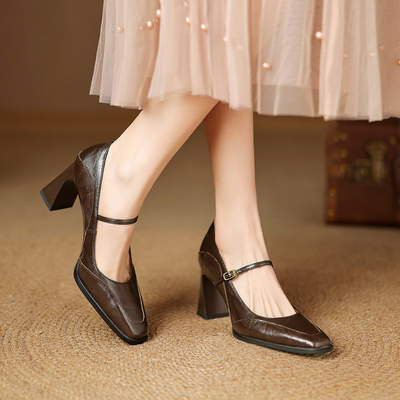 一字带粗跟高跟玛丽珍鞋方头单鞋