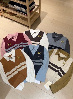 加厚打底毛衣ol韩版设计感拼接衬衣假两件毛针织衫女25冬季上衣