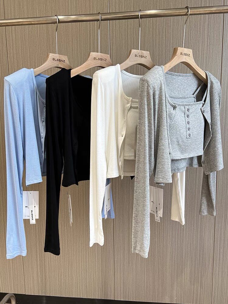 纯棉开衫长袖t恤女春秋2025新款修身短款上衣罩衫内搭吊带两件套,女装/女士精品,T恤,淘宝优惠券,粉丝福利购,淘宝优惠卷