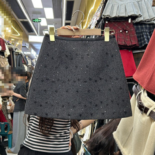 灰色高腰亮片毛呢A字半身裙女2025秋冬新款 百搭防走光短裙1401M