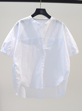 白色衬衫女圆领五分袖纯棉衬衣小清新文艺范秋季休闲前短后长上衣