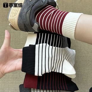 薄款 袜子女夏季 中筒袜纯棉防臭条纹ins潮长袜夏天女士棉袜堆堆袜
