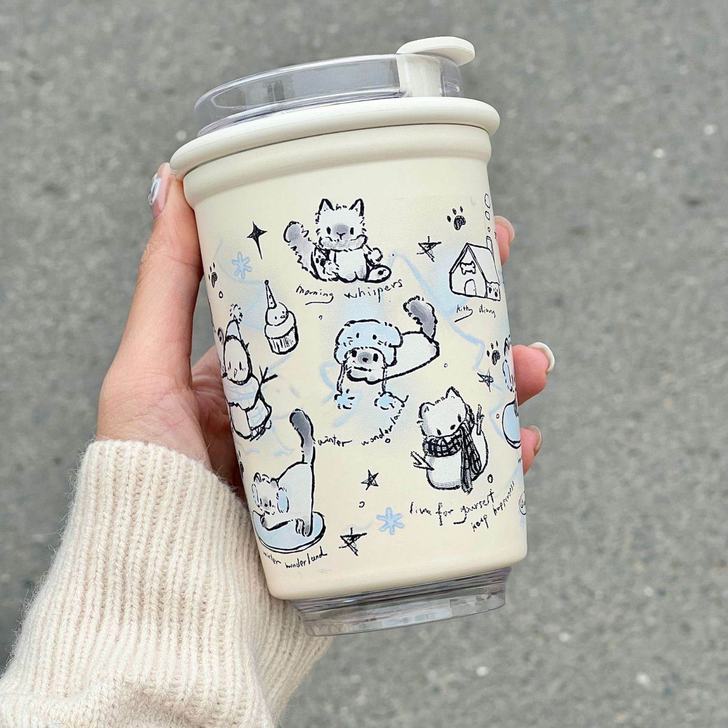 ins博主手绘冬日猫猫保温杯可爱动物吸管水杯不锈钢咖啡杯带盖