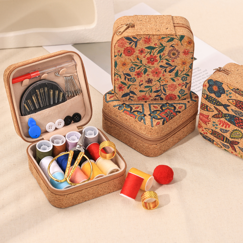精致复古软木纹印花针线盒旅行家用迷你收纳盒宿舍便携缝补针线包