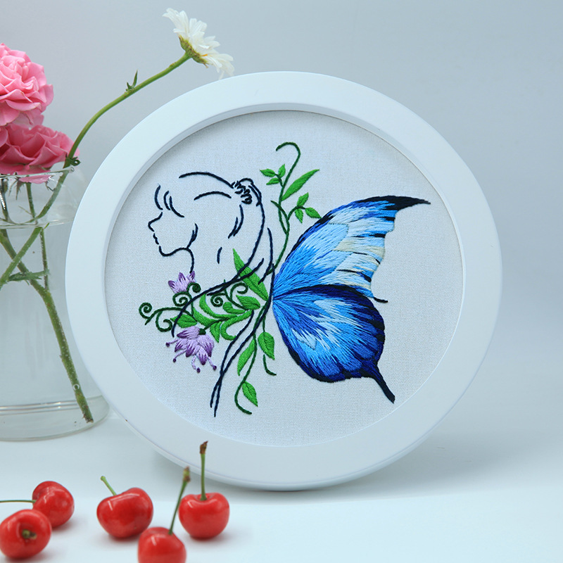 鲁绣手工创意蝴蝶挂画 刺绣diy材料包亚马逊人物女孩装饰画花卉画图片