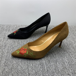 断码处理复古高跟鞋女2025春夏季新款尖头浅口绒面百搭细跟女单鞋