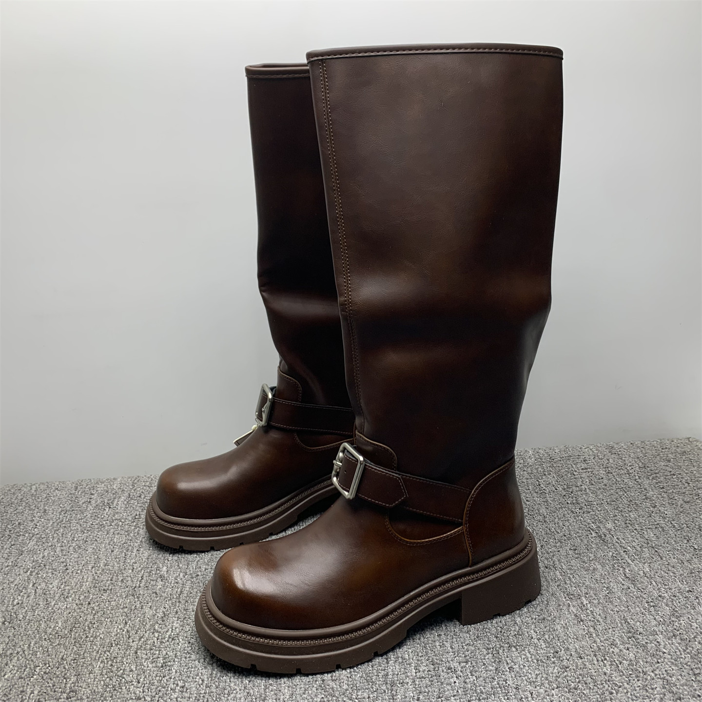 断码处理38码棕色长筒靴女秋冬新款大筒围不过膝英伦风复古骑士靴
