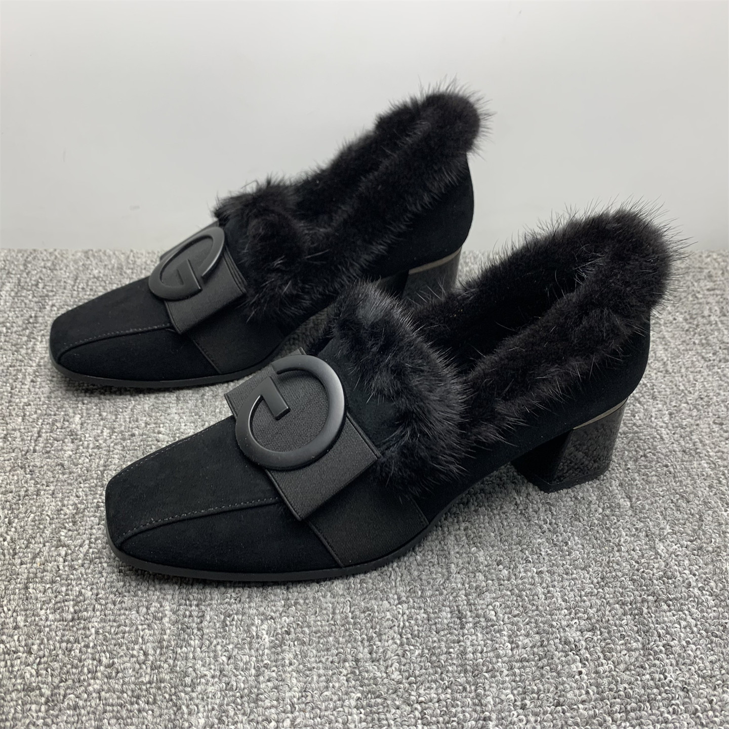 断码处理真皮加绒棉鞋女2025冬季新款水貂毛粗跟深口英伦风毛毛鞋,女鞋,深口单鞋,淘宝优惠券,粉丝福利购,淘宝优惠卷