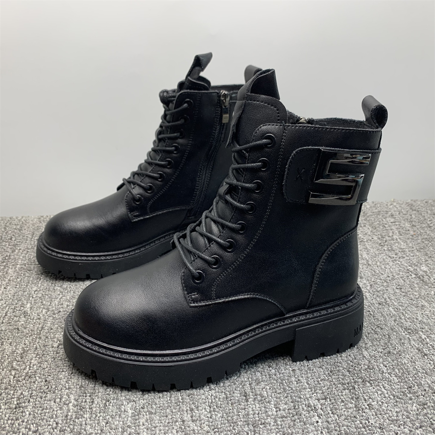 孤品34码加绒英伦风真皮马丁靴女系带短靴百搭侧拉链帅气骑士靴子